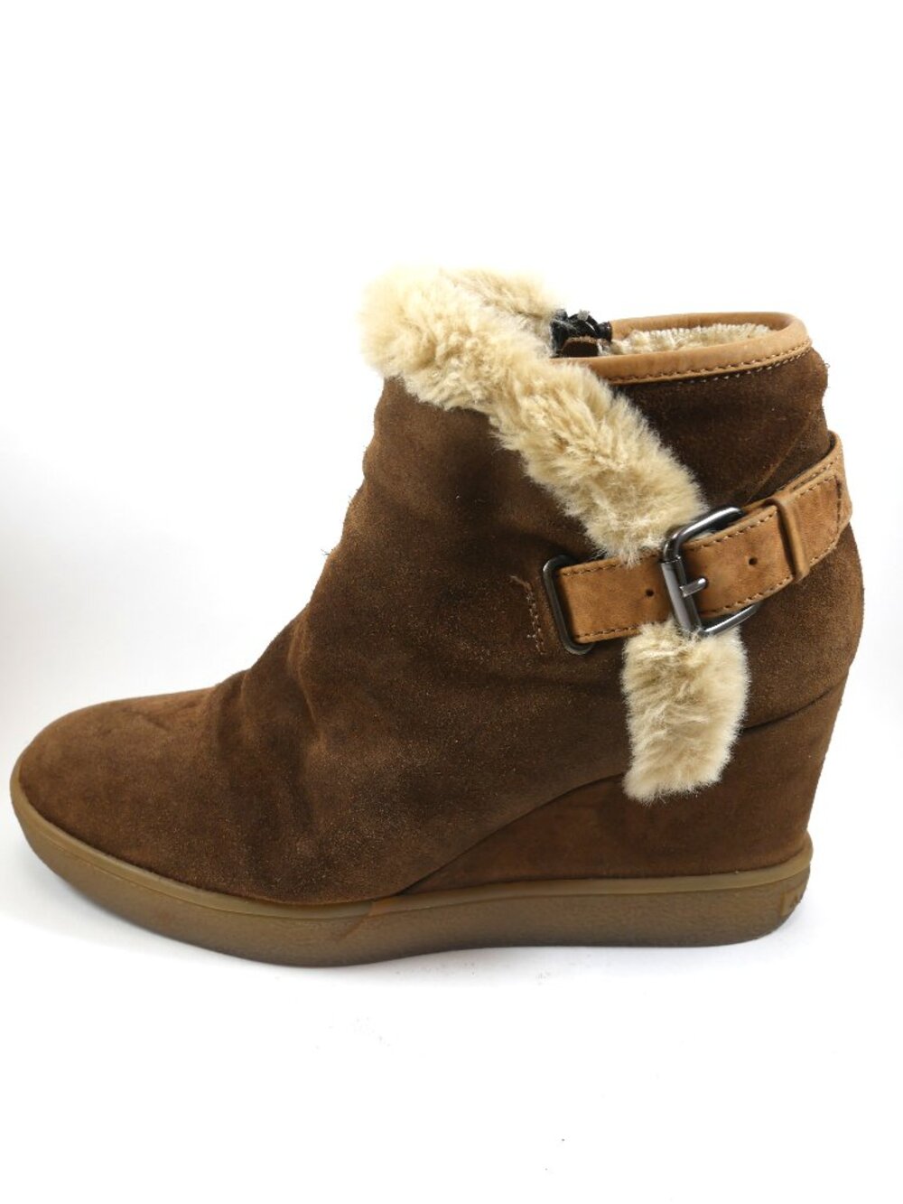 Aquatalia Shearling Bootie Suede Wedge Ankle Boots Sherpa Size 8.5 Brown